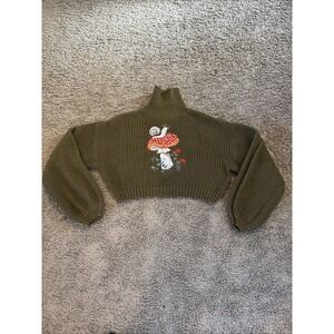 Romwe Womens M Crop Top Long‎ Sleeves Embroidered Mushroom Snail Hippie Boho